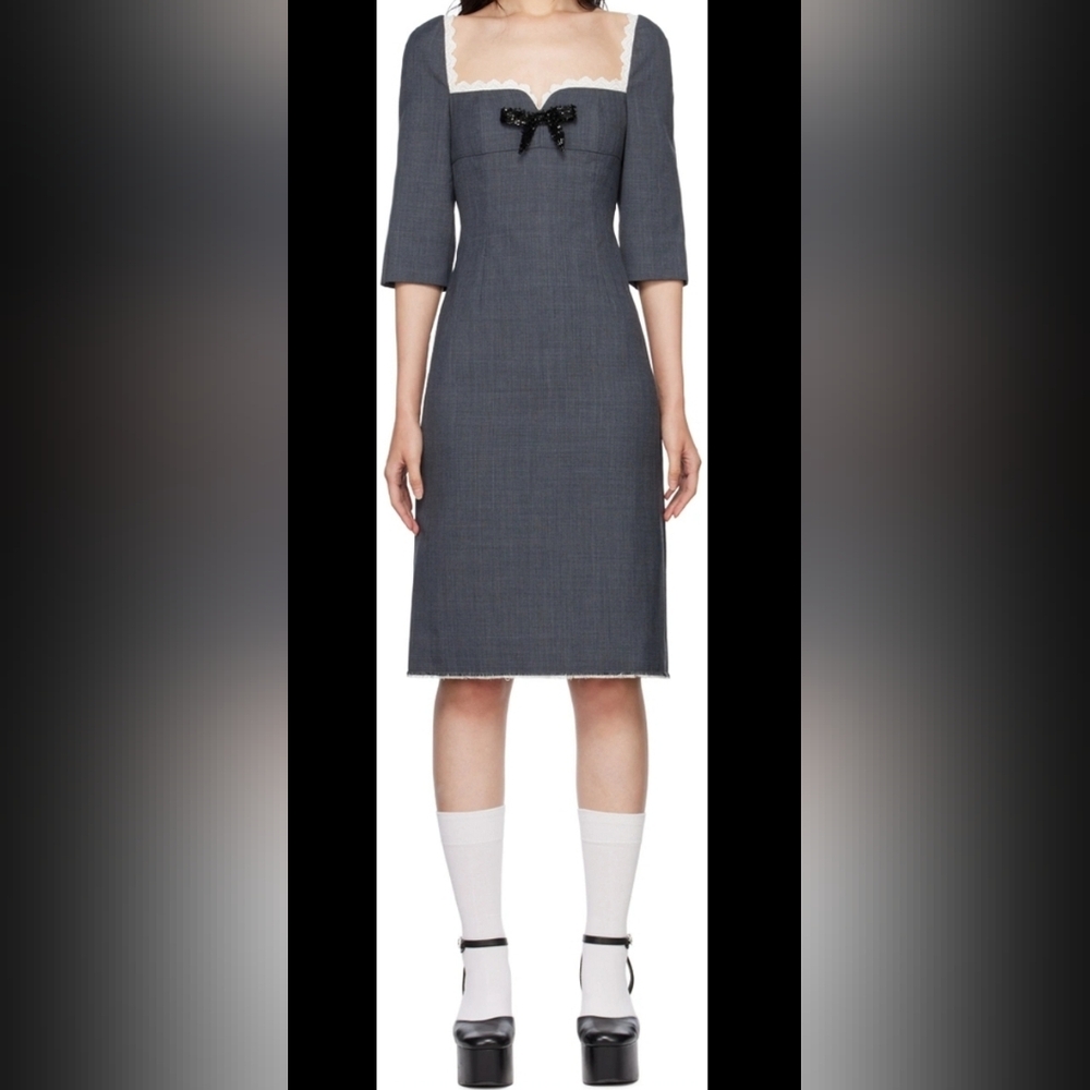 Shushu/Tong Grey Midi Dress NWT UK 10 / US 9–10 Lace Beaded Bow Satin Lined - Picture 11 of 13